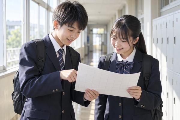 明るい校舎の廊下で、年間予定表を一緒に見ながらテスト日を確認している制服姿の中学生2人
