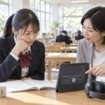 学校の図書室で、リスニング音声を前に困った表情の高校生と原因を指し示す先生