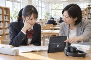 学校の図書室で、リスニング音声を前に困った表情の高校生と原因を指し示す先生