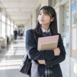 明るい校舎の廊下で、進路掲示の前に立ち止まって考える制服姿の高校3年生