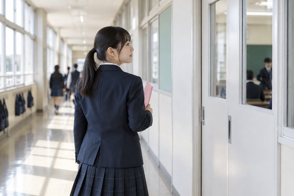明るい校舎の廊下でファイルを抱え教室へ向かう制服の中学生