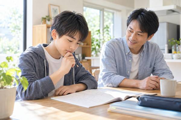 明るいダイニングで宿題の問題に手を止めて考える中学生と、そばで静かに見守る父親