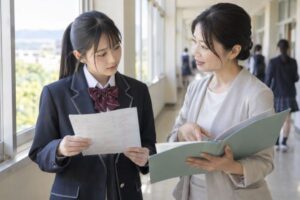 高校の廊下で答案を手にした生徒が先生に成績を相談している