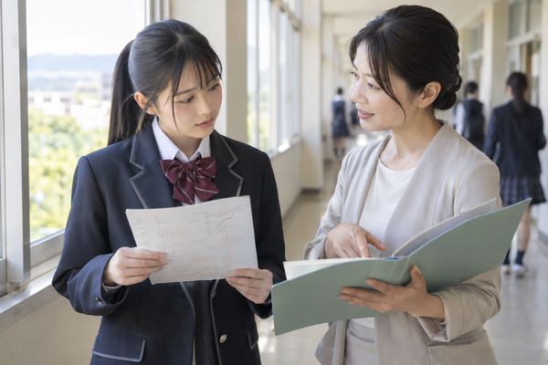高校の廊下で答案を手にした生徒が先生に成績を相談している