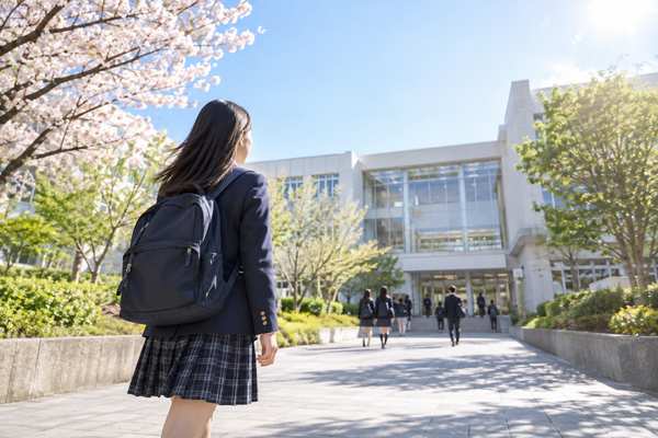 桜の咲く高校の正門から校舎へ向かって歩き出す新入生