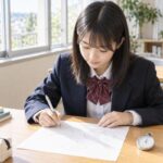 ストップウォッチを机に置いて数学の一問に取り組む高校生