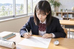 ストップウォッチを机に置いて数学の一問に取り組む高校生