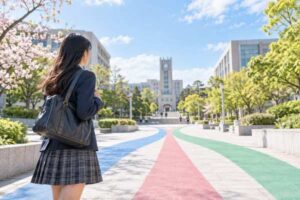大学のキャンパスへ続く3色の道の前に立つ制服姿の高校3年生
