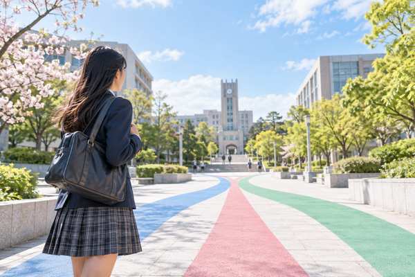 大学のキャンパスへ続く3色の道の前に立つ制服姿の高校3年生