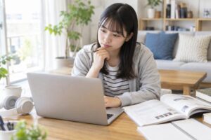 自宅のノートパソコンでオンラインの英語実力テストに取り組む高校生