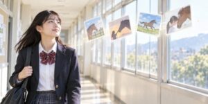 塞翁が馬の4場面を思い浮かべながら明るい校舎の廊下を歩く制服の高校生