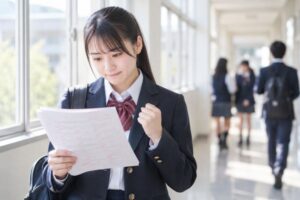返された答案を見ながら、次に直す教科を考えている高校生