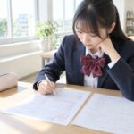 赤ペンで採点された英語の答案と問題用紙を並べ、どこで止まったかを確かめている制服の高校生
