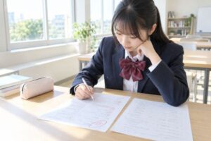 赤ペンで採点された英語の答案と問題用紙を並べ、どこで止まったかを確かめている制服の高校生