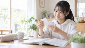 自宅のテーブルで単語カードをめくりながら、英単語の意味がすぐ出るかを確かめている中学生
