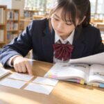 学校の図書室で英語のテスト範囲表と教科書を見比べる中学一年生
