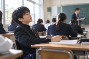 授業中に手元のノートから視線を外している制服の中学生と、黒板の前で説明を続ける先生