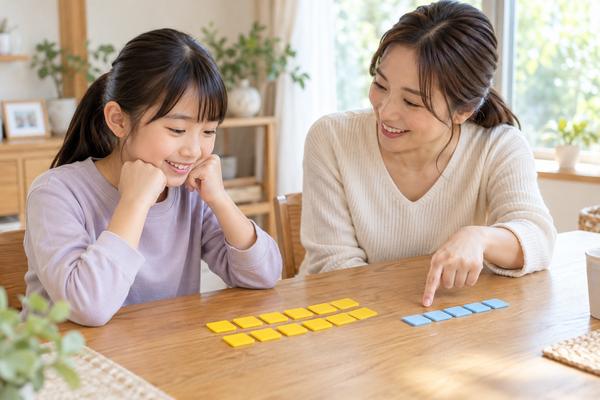 自宅のテーブルで、黄色と青のタイルを並べながら割合の意味を一緒に考える小学生と母親