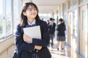 返却されたテストの答案を胸の前に持ち、校舎の廊下でほっとした表情を見せる制服の中学生