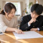 ダイニングで返却された答案を一緒に見ながら、母親が止まった一か所を指さしている親子