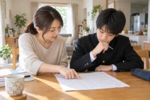ダイニングで返却された答案を一緒に見ながら、母親が止まった一か所を指さしている親子