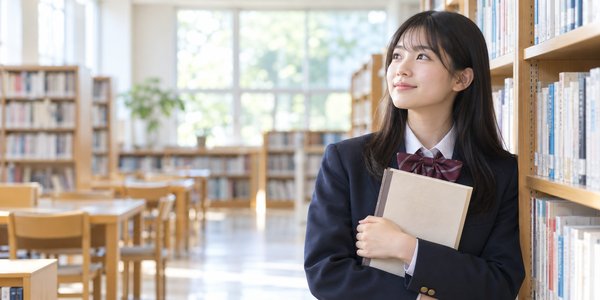 学校の図書室で漢文の参考書を閉じたまま抱え、覚えた句法を思い出そうとしている高校生