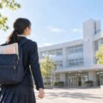 晴れた日に通学リュックを背負って中学校の校舎へ向かう制服の生徒