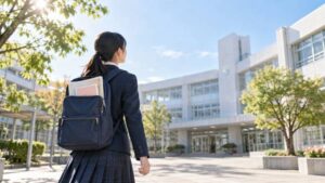 晴れた日に通学リュックを背負って中学校の校舎へ向かう制服の生徒
