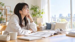 明るいリビングでTOEICの問題集とヘッドホンを前に、これからの勉強を考えている高校生