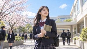 古典の教科書を抱えて登校する制服の高校生。漢文の再読文字をこれから学ぶ場面