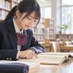 図書室で漢文の一文を指でたどり、句法の形を見つけた制服の高校生