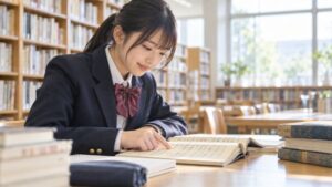 図書室で漢文の一文を指でたどり、句法の形を見つけた制服の高校生