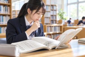 図書室で漢文の学習ガイドと教科書を見比べている制服の高校生