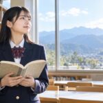 学校図書室で参考書を開き、窓の外の山並みを見つめる制服の高校生