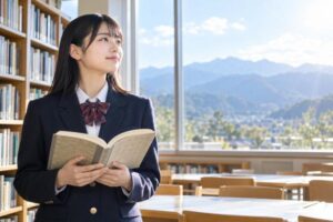 学校図書室で参考書を開き、窓の外の山並みを見つめる制服の高校生