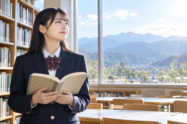 学校図書室で参考書を開き、窓の外の山並みを見つめる制服の高校生