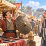 古代中国の市場で、矛と盾の両方を自慢する商人と問いかける通行人