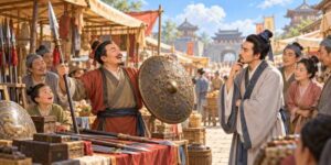 古代中国の市場で、矛と盾の両方を自慢する商人と問いかける通行人