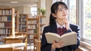明るい図書室の窓辺で、漢文の参考書を開いて考えている制服姿の高校生