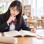 明るい図書室の机で漢文の教科書とノートを広げ、単語の意味を確かめている制服姿の高校生