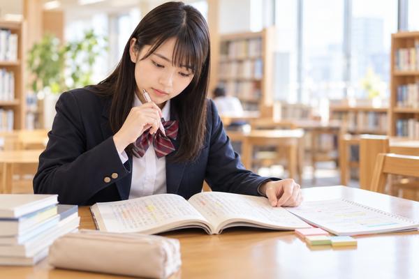 明るい図書室の机で漢文の教科書とノートを広げ、単語の意味を確かめている制服姿の高校生