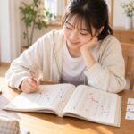 明るいダイニングで漢文の教材に読む順番の印を書き込みながら勉強する高校生