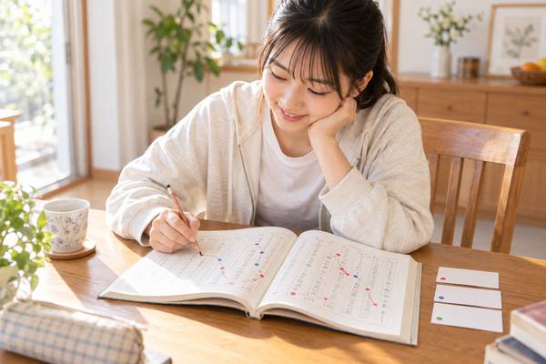 明るいダイニングで漢文の教材に読む順番の印を書き込みながら勉強する高校生