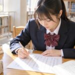 図書室で漢文の返り点問題の読む順番を鉛筆でたどる制服の高校生