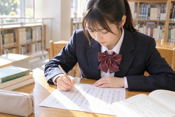 図書室で漢文の返り点問題の読む順番を鉛筆でたどる制服の高校生