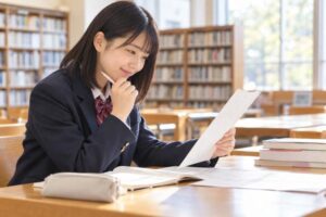 明るい学校図書室で、マーク式の漢文問題と解説を見比べて納得した表情の高校生