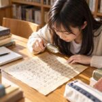 明るい図書館で、虫眼鏡を使って漢文の一文を細かく確認している高校生