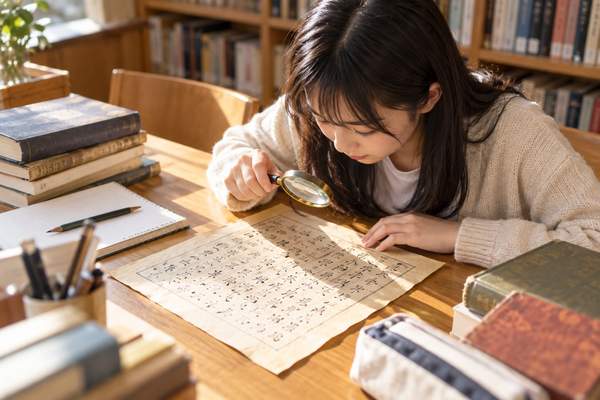 明るい図書館で、虫眼鏡を使って漢文の一文を細かく確認している高校生