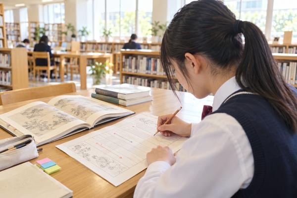 明るい学校図書室で、漢文の練習プリントを広げて読む順番を書き込んでいる制服姿の高校生