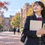 赤れんがの大学キャンパスで問題冊子を持ち前を見つめる制服の高校生